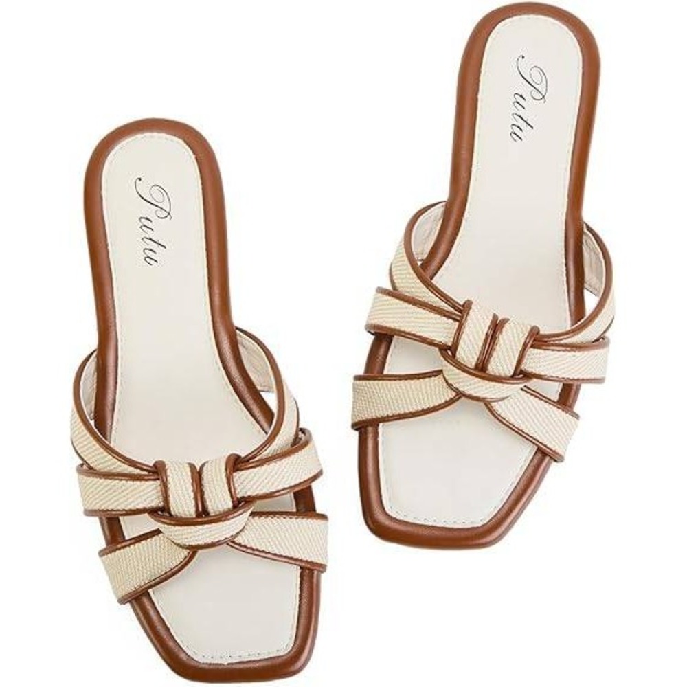 Putu Women's US 6.5 Brown Flat‎ Slide Sandals, Square Toe, Braided